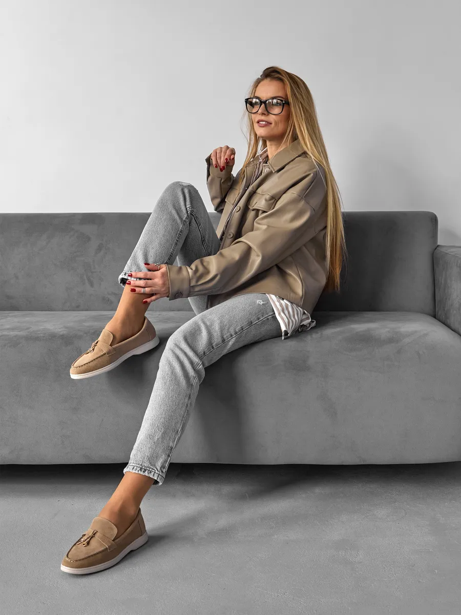 Лоферы женские замшевые бежевые натуральные на платформе 3727-1A