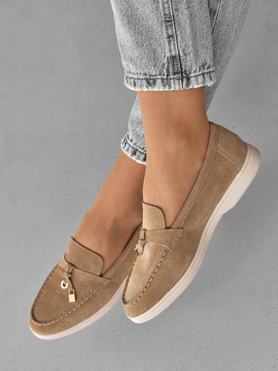 Лоферы женские замшевые бежевые натуральные на платформе 3727-1A